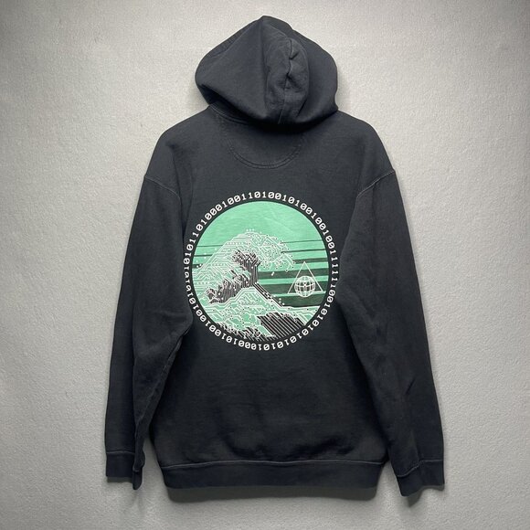 Japanese Street Brand Black Graphic Hoodie With Binary Wave Back Print Size M - Picture 4 of 6